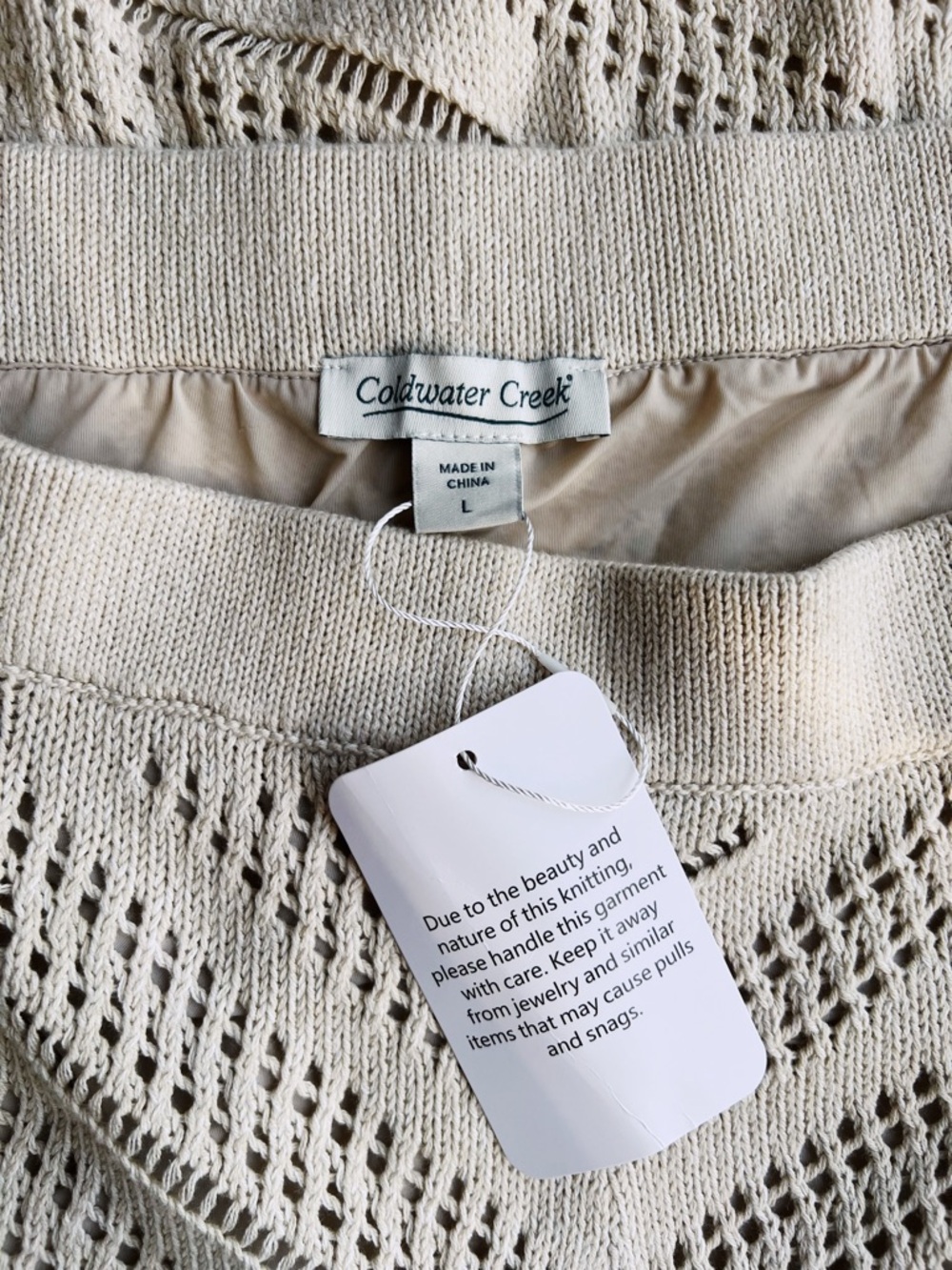 Coldwater Creek Crochet Knit Midi Skirt L Boho Cottagecore Cotton Lined Neutral - Picture 6 of 7